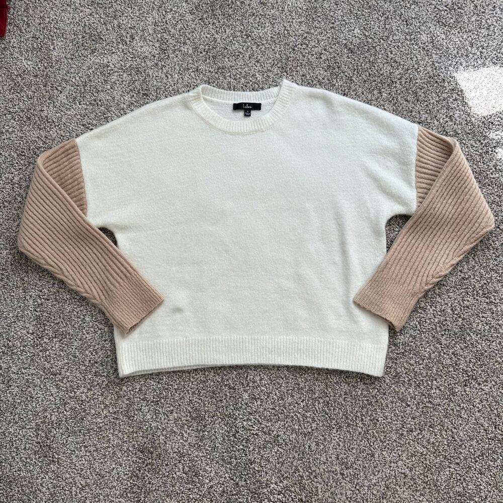 Lulus Nancie colorblock white & beige knit crewneck sweater size S - Picture 5 of 11